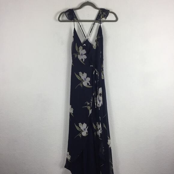 Lulus All Mine Navy Blue Floral Print Ruffle Chiffon Wrap Maxi Dress XS - Picture 3 of 14